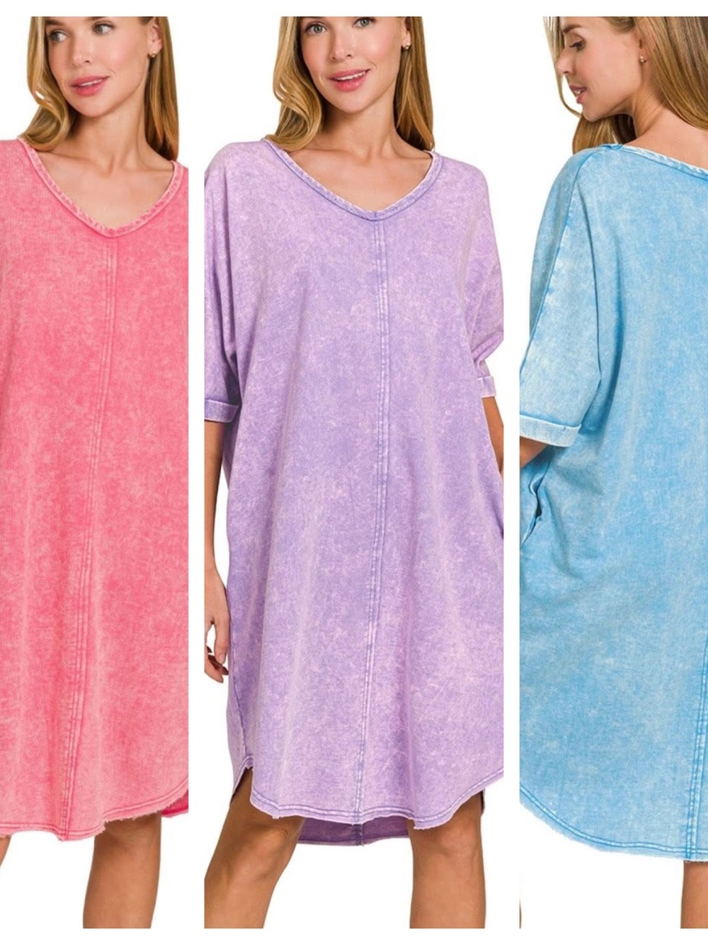 THREE (3) Zenana French Terry TShirt Dresses in Pink, Lavender & Sky Blue-sm/med